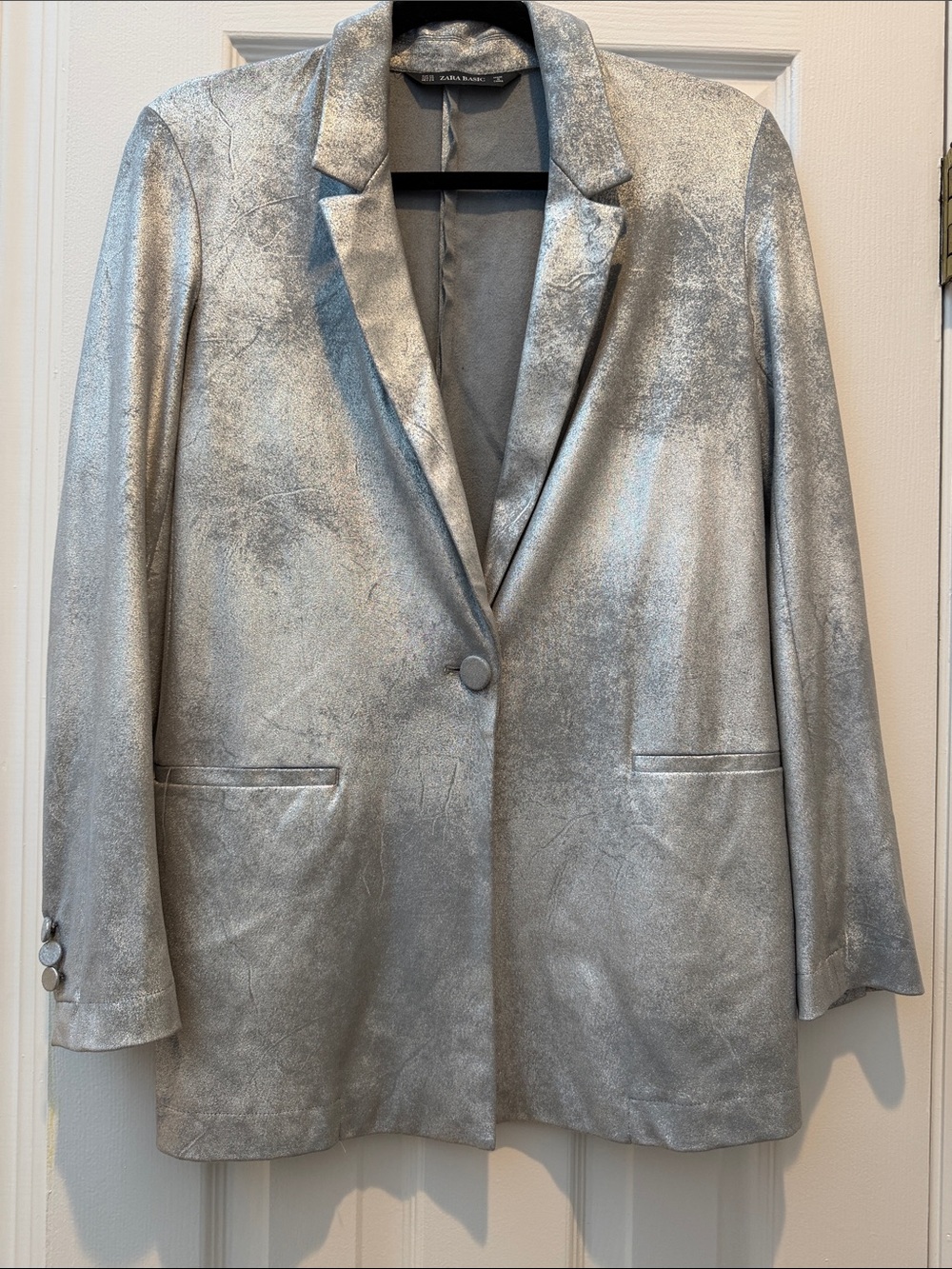 Zara Silver Metallic Single-Button Blazer Jacket